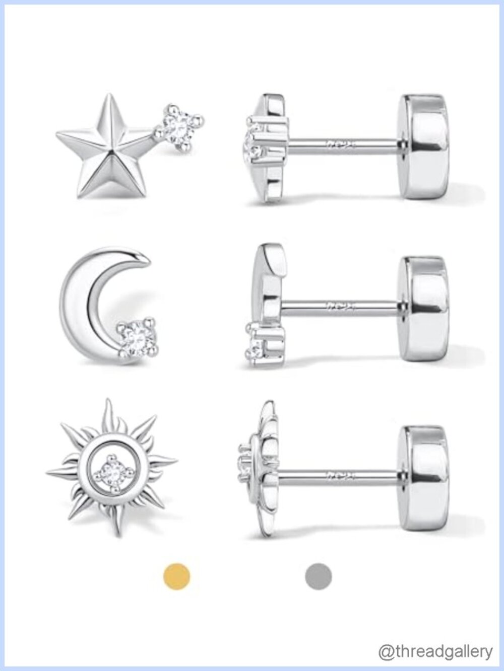 14k Gold Plated Sterling Silver Moon Sun Star Stud Earrings 3 Pairs